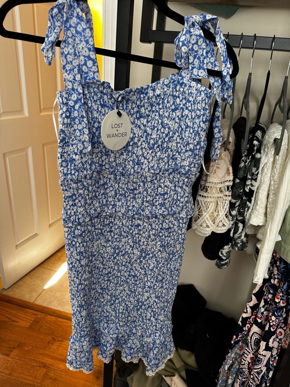 Lost + Wander Floral One Shoulder Dress in Blue and White - Picture 2 of 5